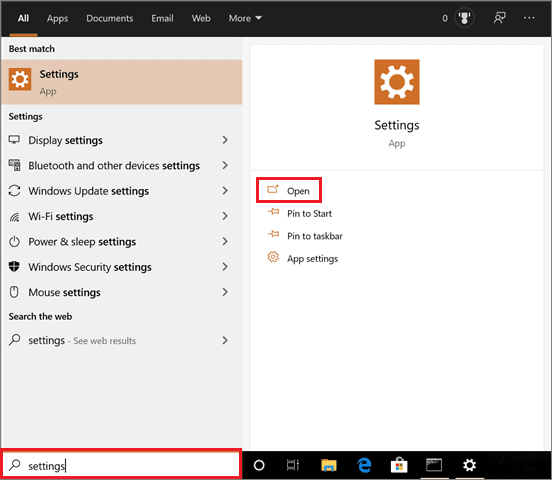 Open the Settings app from the desktop search bar