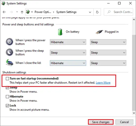 turn off fast startup to fix can't login to windows 10