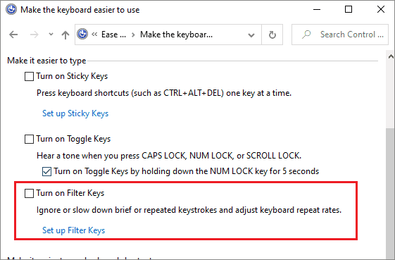 turn off filter keys to fix function keys not working
