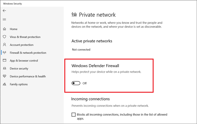 Turn off the firewall for all network profiles To Fix Can't Create A New Folder In Windows 10
