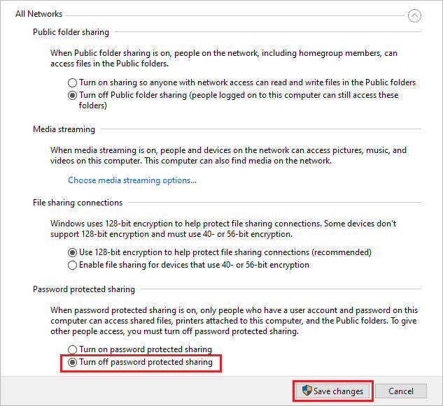 Disable password protected sharing to fix error 0x80004005