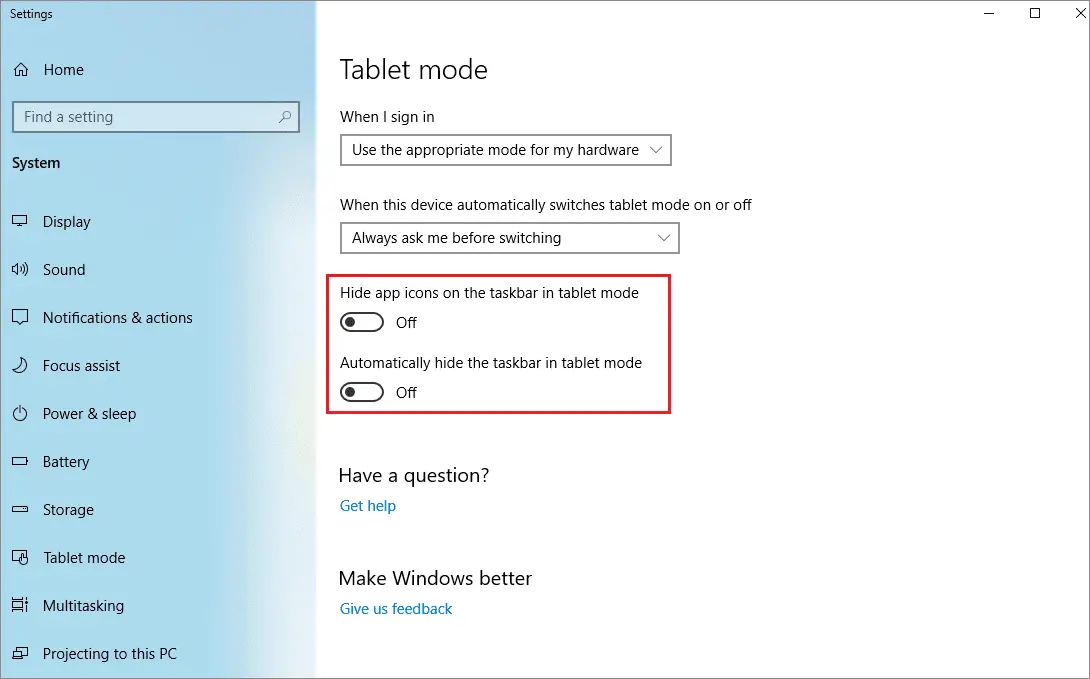 turn off tablet mode recycle bin windows 10