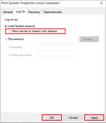 Uncheck the checkbox To Fix Print Spooler Keeps Stopping In Windows 10