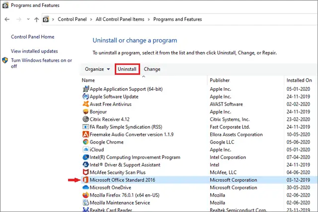 Uninstall MS Office from the Control Panel