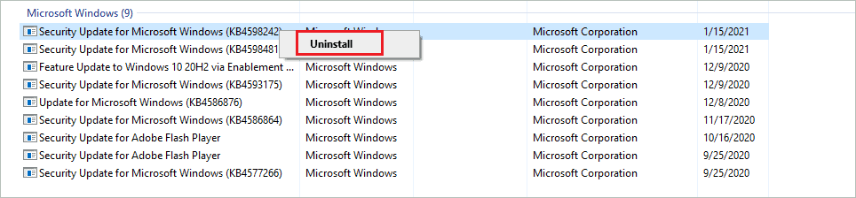 Uninstall recent Windows update to fix Windows 10 installation error 