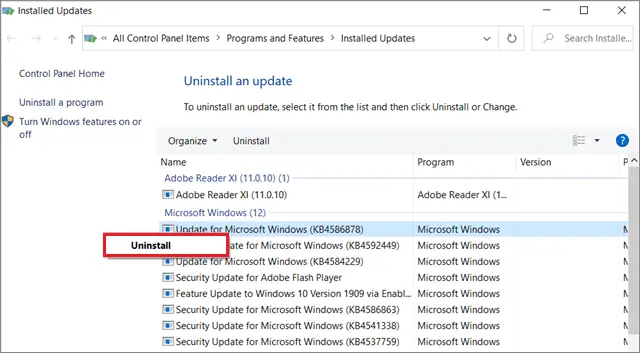 Uninstall latest updates
