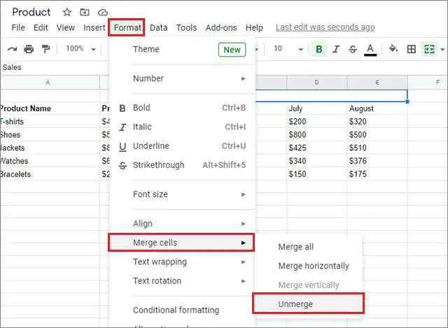 Unmerge the cells from the Format tab