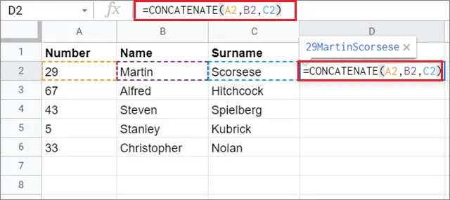 Use the CONCATENATE function in Google Sheets
