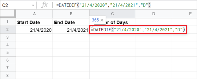 Enter the function for how to calculate days between two dates