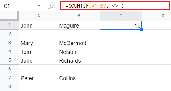 Calculate the non-blank cells with COUNTIF Google Sheets function