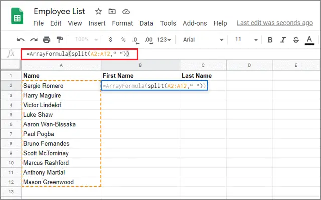 use the array formula with split function for google sheets split text to columns