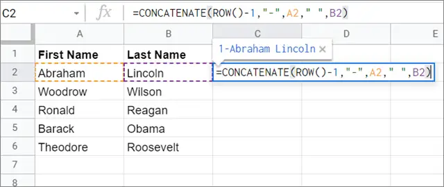 Enter the running numbers formula concatenate in google sheets