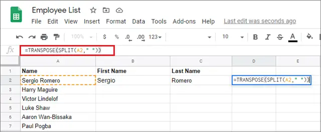 use the transpose function for google sheets split text to columns