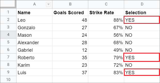 View the result for google sheets if statement