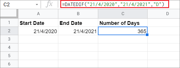 View the DATEDIF result for how to calculate days between two dates