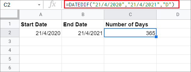 View the DATEDIF result for  how to calculate days between two dates