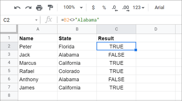 press enter to see the results for does not equal sign in google sheets 