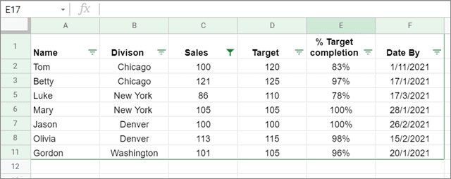 View the result for filter in google sheets