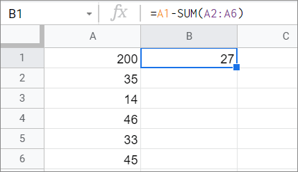 View the result for how to subtract in google sheets