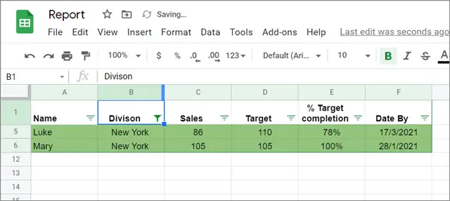 View the results for filter Google sheets