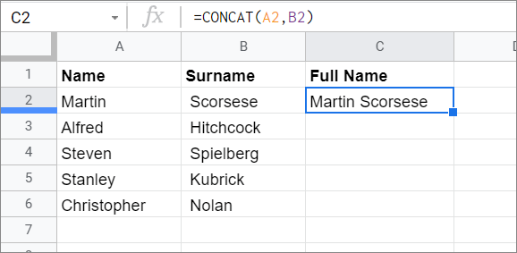 View the results for concatenate in google sheets