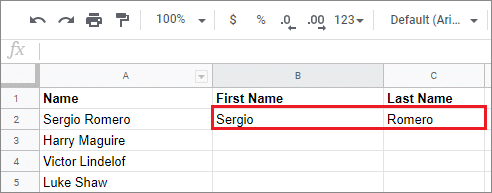 Use the Google Sheets split cell feature and view the result