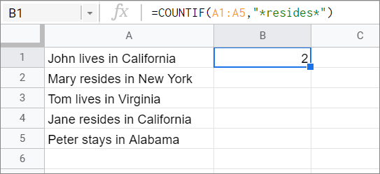 View the results for COUNTIF Google Sheets function