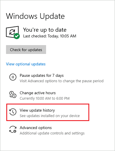 View the Windows update history to fix Windows 10 installation error 