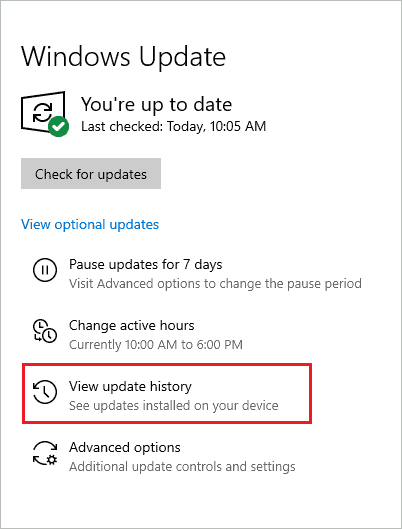 View the Windows update history to fix Windows 10 installation error