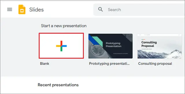 Open Google Slides presentation by clicking on the Blank option