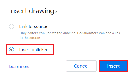 Choose an option in the Insert drawing dialog box