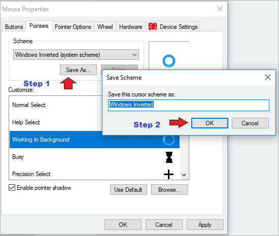Name the scheme for how to change mouse cursor 