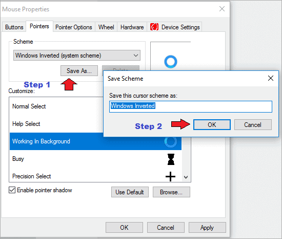Name the scheme for how to change mouse cursor