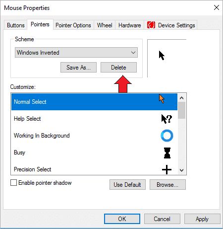 : Identify the Delete option for newly selected Mouse cursor scheme