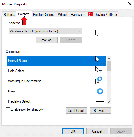 Select the option of Pointers after you have opened Mouse Properties