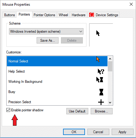 Click on Enable Pointer Shadow to make it operational