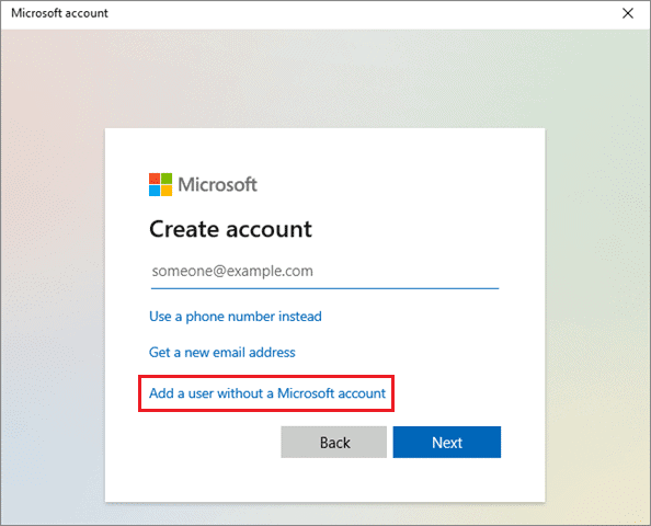 Select Add a user without a Microsoft account