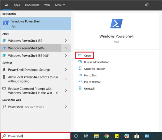 Type Powershell and open the Windows Powershell window when windows 10 calculator not working