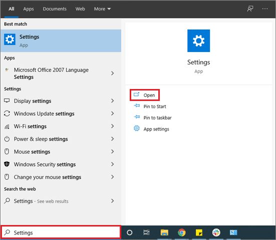 Type Settings in the Cortana search bar and click on Open in the right windowpane
