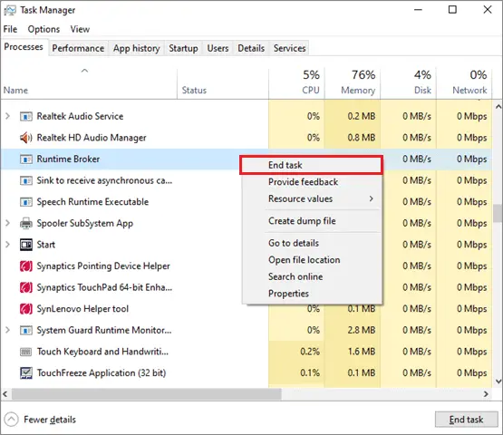 Search for the Runtime Broker process, right-click on it and select End task when windows 10 calculator not working