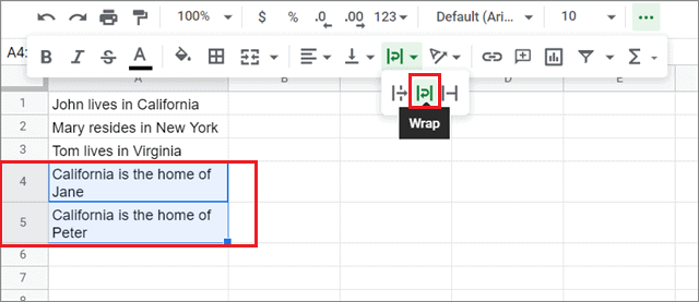 Wrap text in a worksheet for how to set column width in Google Sheets